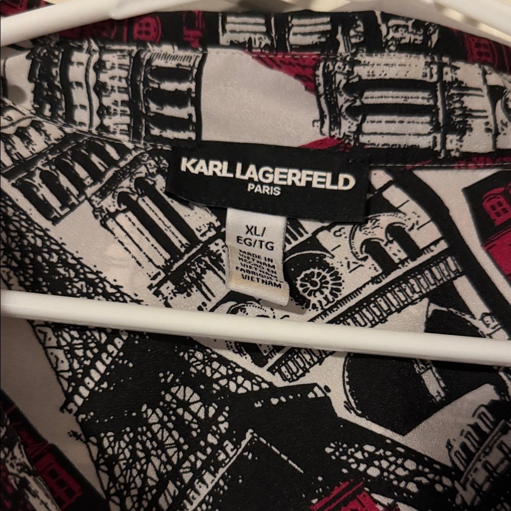 Karl Lagerfeld Pink, Black, and White Architectural Print Short-Sleeve Blouse - Picture 2 of 5